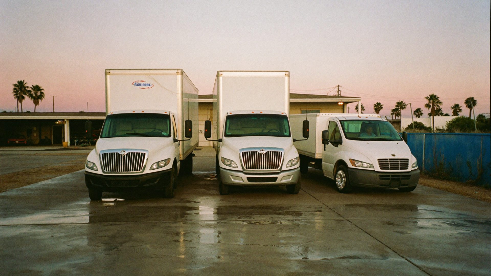 Service vans and box trucks parked at a South Florida yard